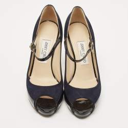 Pre Owned Jimmy Choo Black/Navy Blue Patent and Nubuck Leather Peep Toe Mary Jane Pumps Size 38