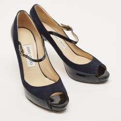 Pre Owned Jimmy Choo Black/Navy Blue Patent and Nubuck Leather Peep Toe Mary Jane Pumps Size 38