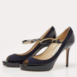 Pre Owned Jimmy Choo Black/Navy Blue Patent and Nubuck Leather Peep Toe Mary Jane Pumps Size 38