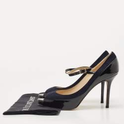 Pre Owned Jimmy Choo Black/Navy Blue Patent and Nubuck Leather Peep Toe Mary Jane Pumps Size 38