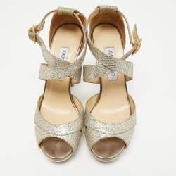 Pre Owned Jimmy Choo Gold Glitter Lace Kuki Platform Ankle Strap Sandals Size 40