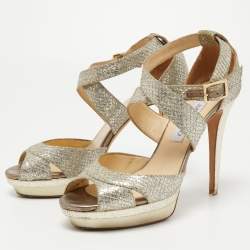 Pre Owned Jimmy Choo Gold Glitter Lace Kuki Platform Ankle Strap Sandals Size 40