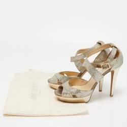 Pre Owned Jimmy Choo Gold Glitter Lace Kuki Platform Ankle Strap Sandals Size 40