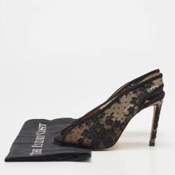 Jimmy Choo Black Suede and Embroidered Lace Open Toe Slingback Sandals Size 36.5