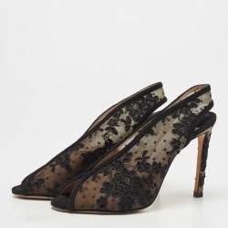 Jimmy Choo Black Suede and Embroidered Lace Open Toe Slingback Sandals Size 36.5