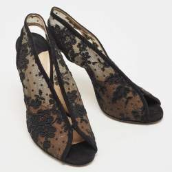 Jimmy Choo Black Suede and Embroidered Lace Open Toe Slingback Sandals Size 36.5
