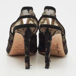 Jimmy Choo Black Suede and Embroidered Lace Open Toe Slingback Sandals Size 36.5
