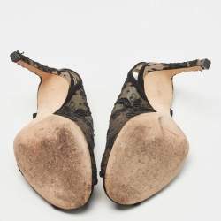 Jimmy Choo Black Suede and Embroidered Lace Open Toe Slingback Sandals Size 36.5