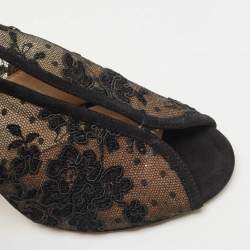 Jimmy Choo Black Suede and Embroidered Lace Open Toe Slingback Sandals Size 36.5