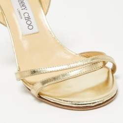 Pre Owned Jimmy Choo Gold Foil Leather Criss Cross Ankle Strap Sandals Size 37.5