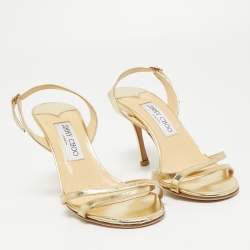 Pre Owned Jimmy Choo Gold Foil Leather Criss Cross Ankle Strap Sandals Size 37.5