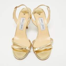 Pre Owned Jimmy Choo Gold Foil Leather Criss Cross Ankle Strap Sandals Size 37.5