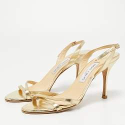 Pre Owned Jimmy Choo Gold Foil Leather Criss Cross Ankle Strap Sandals Size 37.5