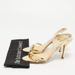 Pre Owned Jimmy Choo Gold Foil Leather Criss Cross Ankle Strap Sandals Size 37.5