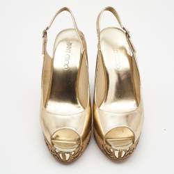 Pre Owned Jimmy Choo Gold Laminated Leather Prova Wedge Sandals Size 41