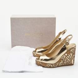 Pre Owned Jimmy Choo Gold Laminated Leather Prova Wedge Sandals Size 41