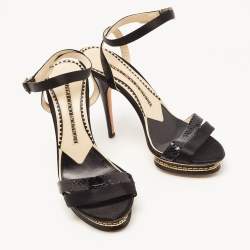مملوكة مسبقًا Jimmy Choo Black Satin and Embossed Snakeskin Ankle Strap Sandals Size 37