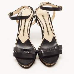 مملوكة مسبقًا Jimmy Choo Black Satin and Embossed Snakeskin Ankle Strap Sandals Size 37