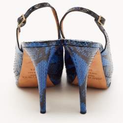Pre Owned Jimmy Choo Black/Blue Python Leather Peep Toe Platform Slingback Sandals Size 38.5