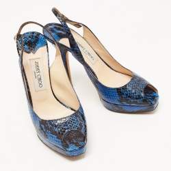 Pre Owned Jimmy Choo Black/Blue Python Leather Peep Toe Platform Slingback Sandals Size 38.5