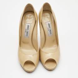 Jimmy Choo Beige Patent Leather Luna Peep Toe Pumps Size 39