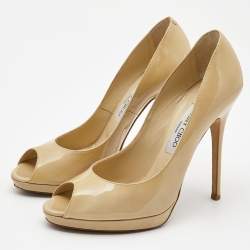 Jimmy Choo Beige Patent Leather Luna Peep Toe Pumps Size 39