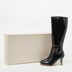 Pre Owned Jimmy Choo Black Patent Leather Sheila Buckle Detail Knee Length Boots Size 38.5