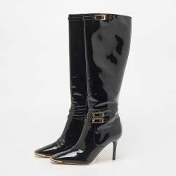 Pre Owned Jimmy Choo Black Patent Leather Sheila Buckle Detail Knee Length Boots Size 38.5