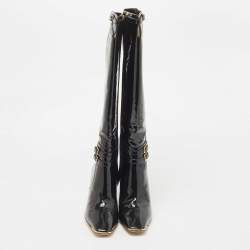 Pre Owned Jimmy Choo Black Patent Leather Sheila Buckle Detail Knee Length Boots Size 38.5