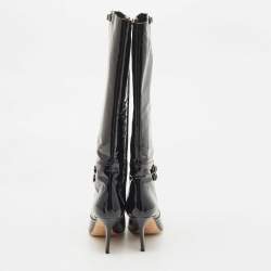 Pre Owned Jimmy Choo Black Patent Leather Sheila Buckle Detail Knee Length Boots Size 38.5