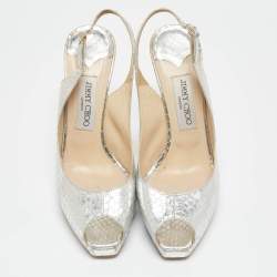 مملوكة م سبقًا Jimmy Choo Silver Python Embossed Leather Nova Slingback Sandals Size 38