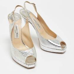 مملوكة مسبقًا Jimmy Choo Silver Python Embossed Leather Nova Slingback Sandals Size 38