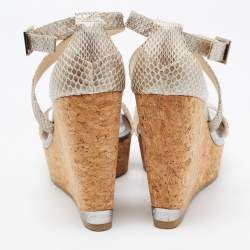 Pre Owned Jimmy Choo Metallic Snakeskin Wedge Ankle Strap Sandals Size 39
