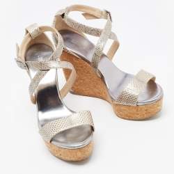 Pre Owned Jimmy Choo Metallic Snakeskin Wedge Ankle Strap Sandals Size 39