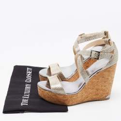 Pre Owned Jimmy Choo Metallic Snakeskin Wedge Ankle Strap Sandals Size 39