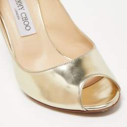 Pre Owned Jimmy Choo Gold Leather Evelyn Peep Toe Pumps Size 38.5