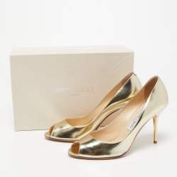 Pre Owned Jimmy Choo Gold Leather Evelyn Peep Toe Pumps Size 38.5