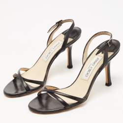 Pre Owned Jimmy Choo Black Leather Ankle Sandals Size 35.5