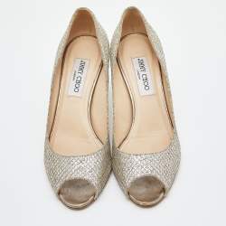 Jimmy Choo Gold Lurex Fabric Evelyn Open Toe Pumps Size 37.5