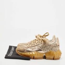 Pre Owned ijmmy Choo Metallic Leather and Coarse Glitter Diamond Sneakers Size 39