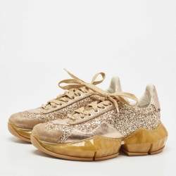Pre Owned ijmmy Choo Metallic Leather and Coarse Glitter Diamond Sneakers Size 39