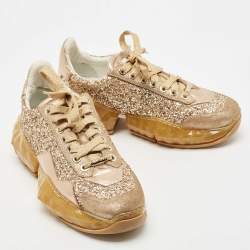 Pre Owned ijmmy Choo Metallic Leather and Coarse Glitter Diamond Sneakers Size 39