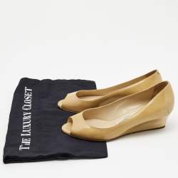 Pre Owned Jimmy Choo Beige Patent Leather Peep Toe Wedge Pumps Size 35