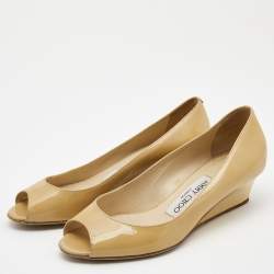 Pre Owned Jimmy Choo Beige Patent Leather Peep Toe Wedge Pumps Size 35