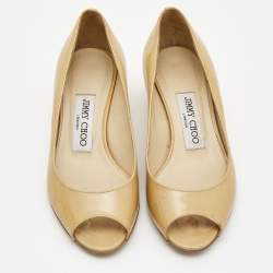 Pre Owned Jimmy Choo Beige Patent Leather Peep Toe Wedge Pumps Size 35