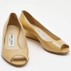 Pre Owned Jimmy Choo Beige Patent Leather Peep Toe Wedge Pumps Size 35
