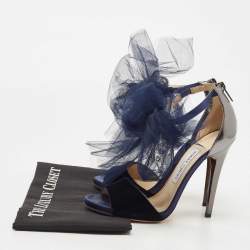 Jimmy Choo Navy Blue/Grey Velvet and Leather Lilyth Bow Ankle Strap Sandals Size 37.5