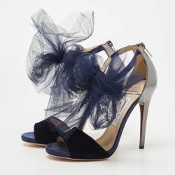 Jimmy Choo Navy Blue/Grey Velvet and Leather Lilyth Bow Ankle Strap Sandals Size 37.5