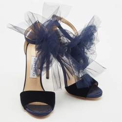 Jimmy Choo Navy Blue/Grey Velvet and Leather Lilyth Bow Ankle Strap Sandals Size 37.5