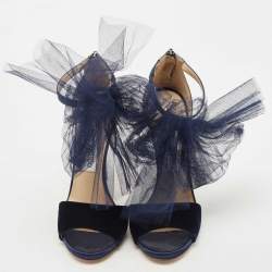 Jimmy Choo Navy Blue/Grey Velvet and Leather Lilyth Bow Ankle Strap Sandals Size 37.5